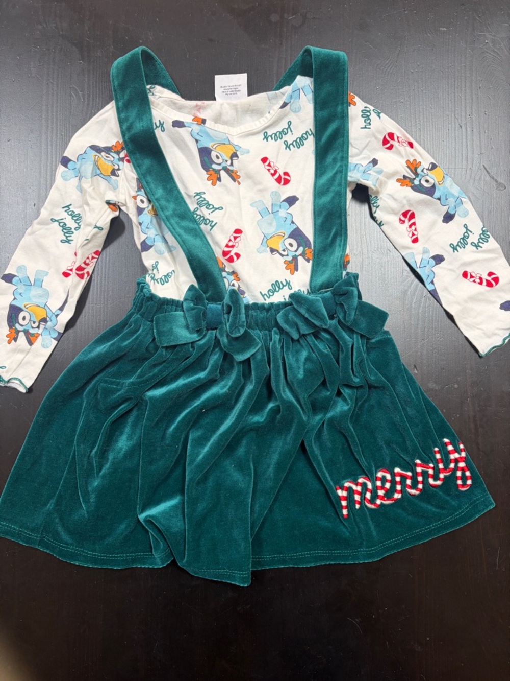BLUEY Kids Teal Velvet Suspender Skirt - Holiday 'Merry' Detail